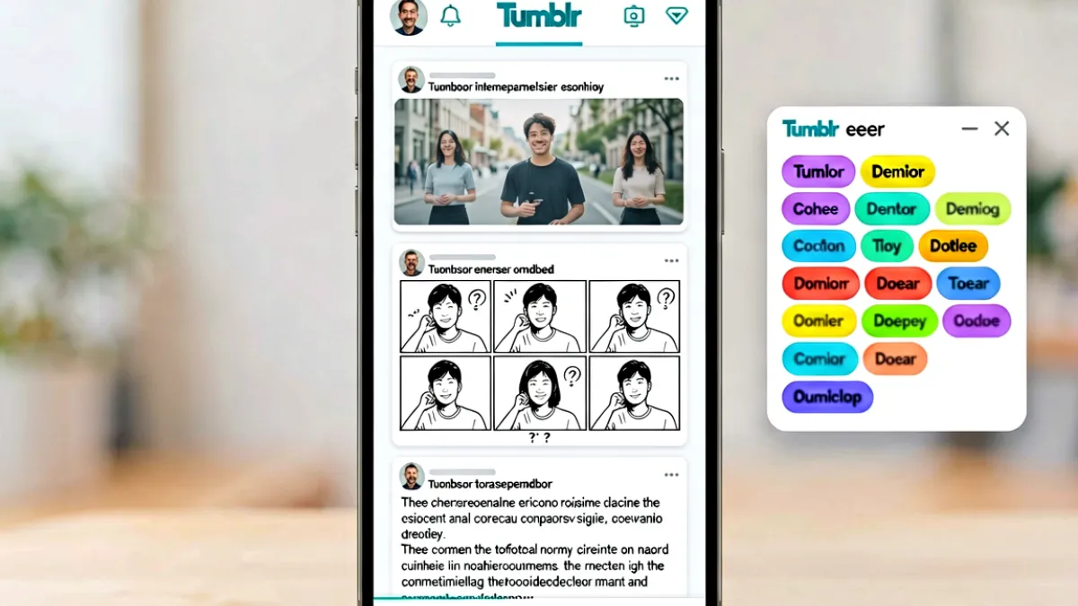 Tumblr 应用主界面截图中展示着个性化博客首页，包含图文混排帖子和彩色标签云