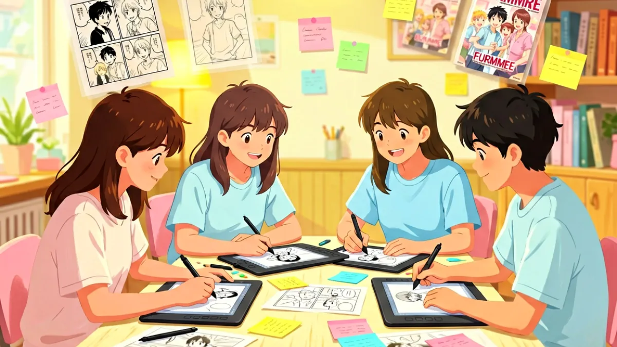 一幅展示汤不热动漫同人圈创作生态的视觉海报，画面中央是几位年轻创作者围坐在桌前绘制角色，周围漂浮着漫画分镜格、角色立绘草图和同人志封面，色调温暖明亮