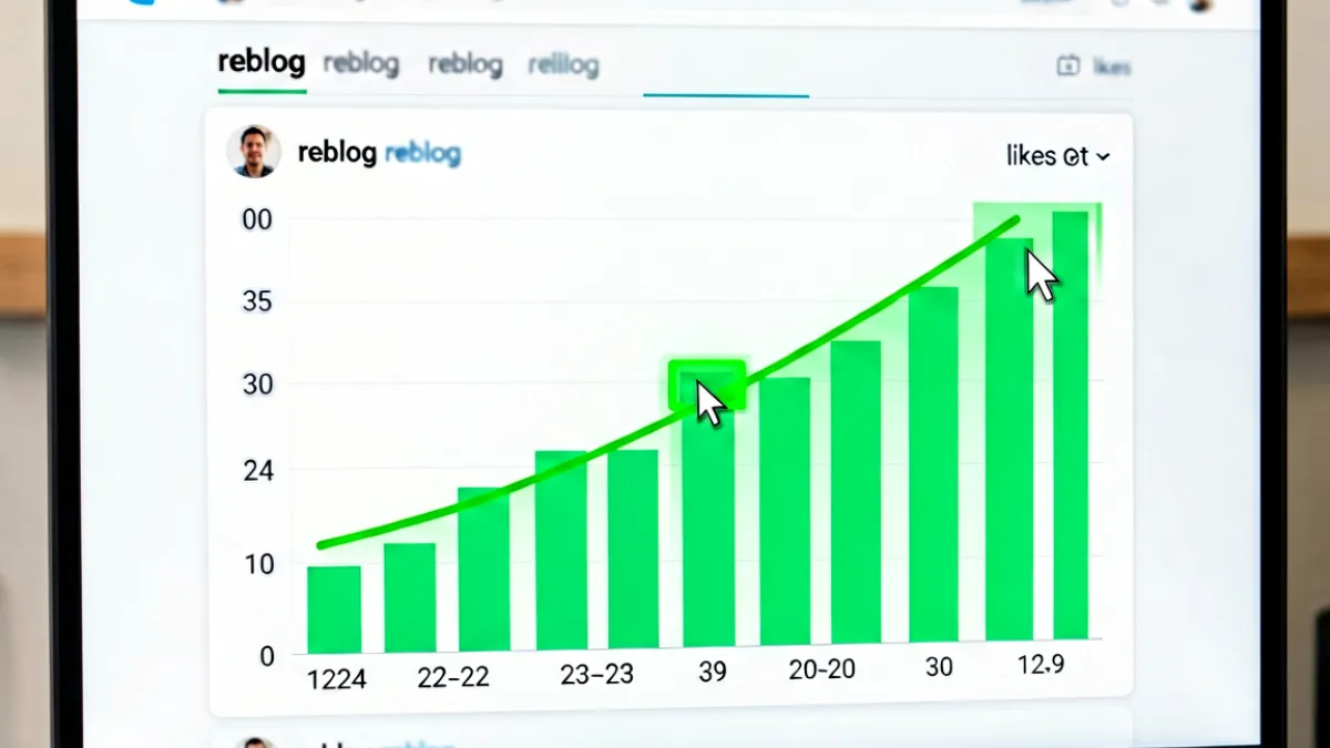 Tumblr博客后台仪表盘界面，屏幕上显示着各篇Post的reblog数和likes数据柱状图，鼠标悬停在一条上升的数据曲线上