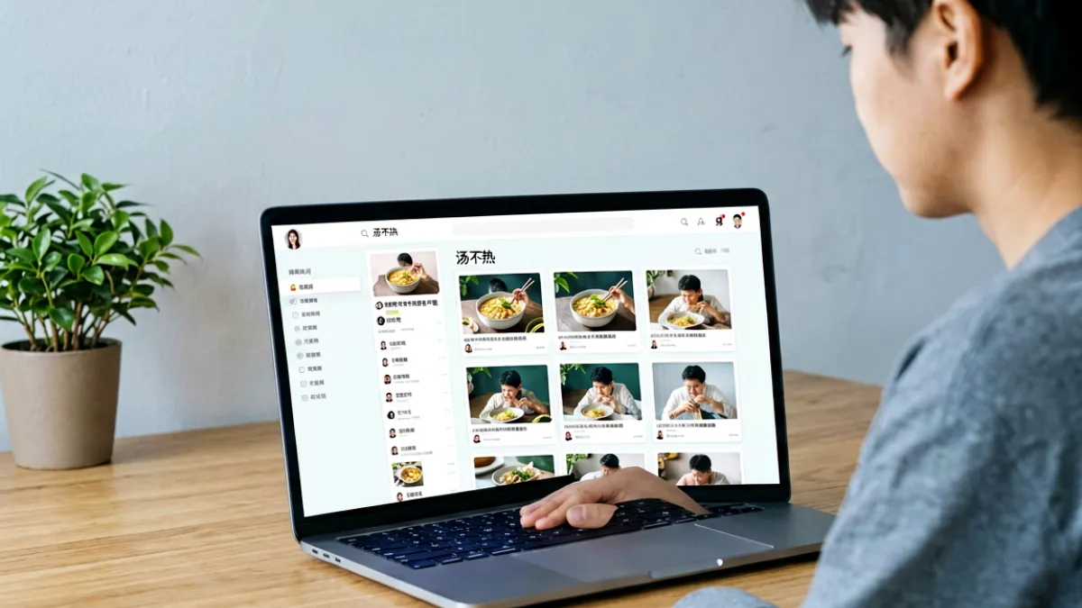 一位年轻用户在笔记本电脑上查看汤不热个人主页界面，屏幕上显示多张图文并茂的帖子卡片和导航侧栏，背景是简洁的桌面环境
